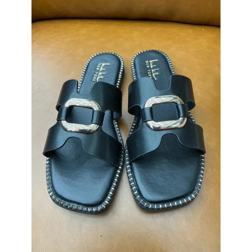 Nicole Miller Danis‎ Slide Sandals Womens 9 Black Gold Buckle Studded